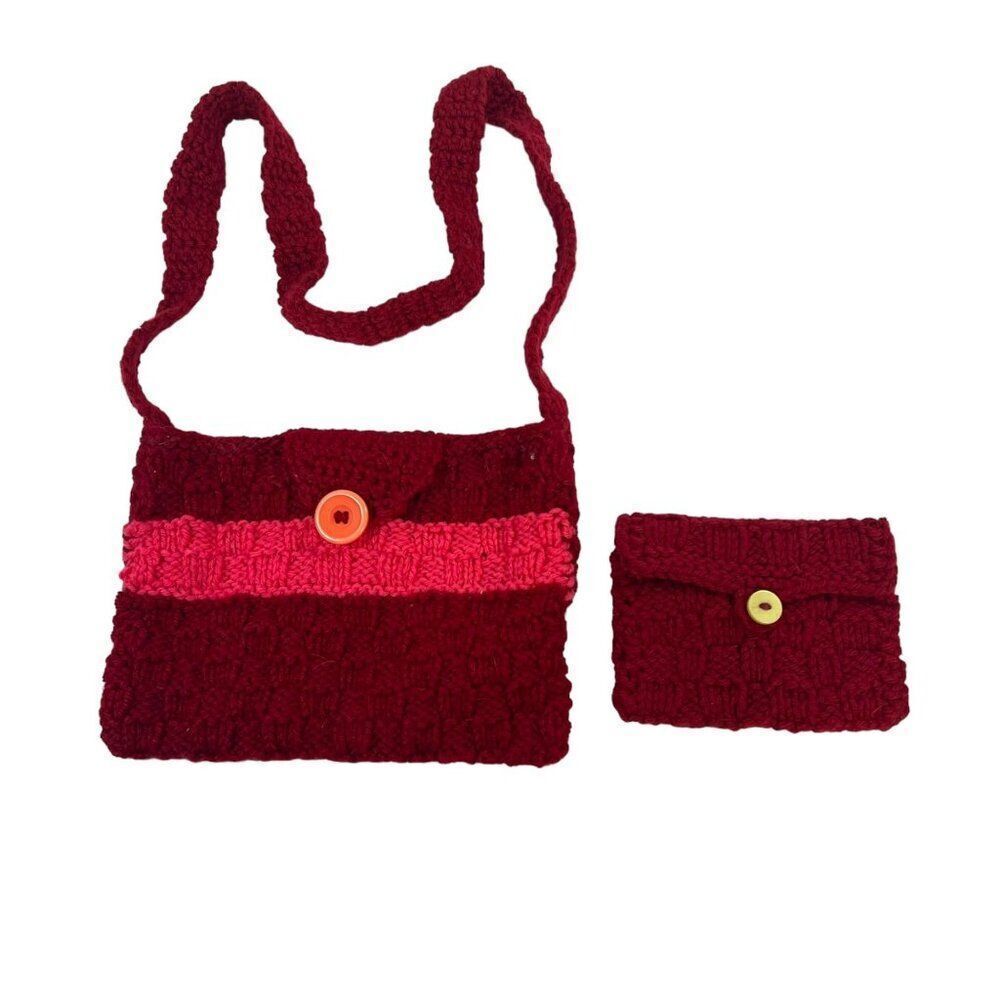 Handmade Crochet Knit Purse Set Red & Pink Yarn Button Shoulder Bag & Coin Pouch